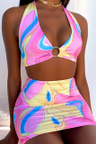 Pink Sexy Print Hollowed Out V Neck Sleeveless Two Pieces
