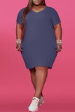 Light Blue Fashion Casual Plus Size Solid Basic V Neck Short Sleeve Dress