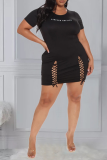 Black Sexy Print Hollowed Out O Neck Pencil Skirt Plus Size Dresses