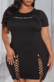 Black Sexy Print Hollowed Out O Neck Pencil Skirt Plus Size Dresses