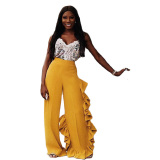 Yellow Elastic Fly Mid Patchwork Loose Pants Pants