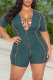Ink Green Fashion Casual Solid Bandage V Neck Plus Size Romper