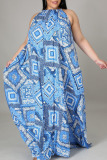 Cyan Casual Print Patchwork Backless Halter Straight Plus Size Dresses