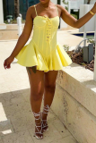Yellow Sexy Solid Hollowed Out Draw String Spaghetti Strap Cake Skirt Dresses