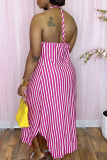 Pink Sexy Striped Print Patchwork Frenulum Backless Halter A Line Dresses