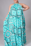 Blue Casual Print Patchwork Backless Halter Straight Plus Size Dresses