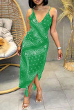 Green Fashion Sexy Print Backless Slit V Neck Sling Dress