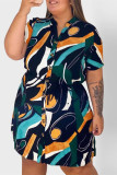 Multicolor Fashion Casual Plus Size Print Buttons V Neck Shirt Dress