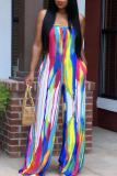Rainbow Color Casual Print Bandage Patchwork Strapless Straight Jumpsuits