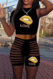 Black Fashion Casual Lips Printed Ripped O Neck Sleeveless Two Pieces