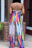 Rainbow Color Casual Print Bandage Patchwork Strapless Straight Jumpsuits