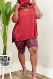 Red Fashion Casual Print Slit V Neck Plus Size Two Pieces