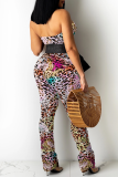 Brown Sexy Print Split Joint Strapless Boot Cut Jumpsuits