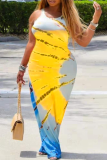 Yellow Sexy Print Patchwork Spaghetti Strap Pencil Skirt Plus Size Dresses