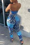 Blue Sexy Solid Bandage Hollowed Out Strapless Regular Jumpsuits