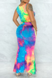 Turquoise Sexy Casual Tie Dye Printing U Neck Sleeveless Two Pieces