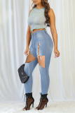 Light Blue Fashion Casual Solid Bandage Hollowed Out Plus Size Jeans