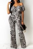 Black And White Sexy Zebra Print Patchwork Off the Shoulder Regular Jumpsuits