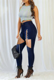 Medium Blue Fashion Casual Solid Bandage Hollowed Out Plus Size Jeans