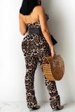 Brown Sexy Print Split Joint Strapless Boot Cut Jumpsuits