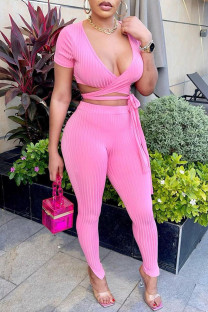 Pink Sexy Casual Solid Bandage V Neck Short Sleeve Two Pieces