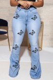 Deep Blue Street Butterfly Print Split Joint Plus Size Jeans