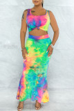 Turquoise Sexy Casual Tie Dye Printing U Neck Sleeveless Two Pieces