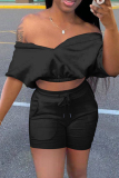 Black Fashion Casual Solid Backless Off the Shoulder Short Sleeve Two Pieces