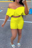 Yellow Fashion Casual Solid Backless Off the Shoulder Short Sleeve Two Pieces