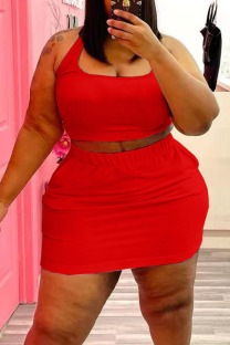 Red Casual Solid Split Joint U Neck Straight Plus Size Two Pieces