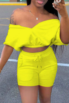 Yellow Fashion Casual Solid Backless Off the Shoulder Short Sleeve Two Pieces