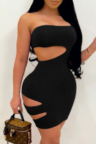 Black Fashion Sexy Solid Hollowed Out Backless Strapless Sleeveless Dress Dresses