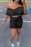 Black Fashion Casual Solid Backless Off the Shoulder Short Sleeve Two Pieces
