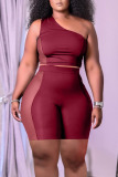 Burgundy Casual Solid Split Joint See-through Oblique Collar Sleeveless Two Pieces