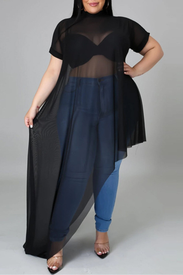 Black Fashion Sexy Plus Size Solid See-through O Neck Irregular Dress