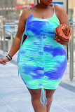 Turquoise Casual Print Split Joint Draw String Fold Spaghetti Strap Pencil Skirt Plus Size Dresses