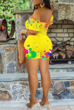 Yellow Fashion Sexy Print Hollowed Out Backless Off the Shoulder Regular Romper