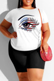 Black And White Fashion Casual Eyes Printed Basic O Neck Plus Size Two Pieces