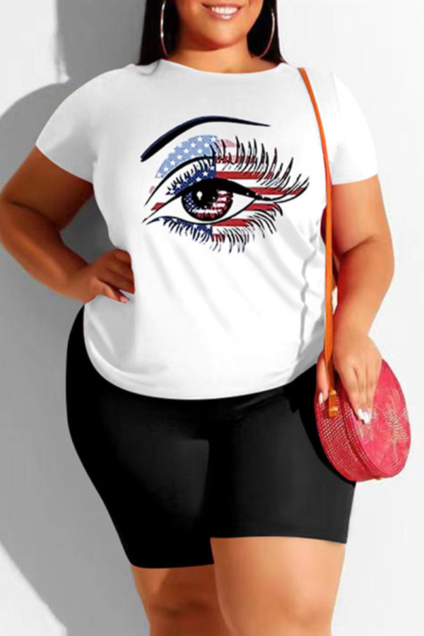 Black And White Fashion Casual Eyes Printed Basic O Neck Plus Size Two Pieces