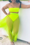 Fluorescent Green Fashion Sexy Solid Patchwork Backless Strapless Plus Size Two Pieces