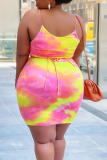 Pink Yellow Casual Print Split Joint Draw String Fold Spaghetti Strap Pencil Skirt Plus Size Dresses