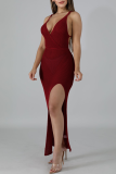 Red Sexy Solid Split Joint Spaghetti Strap Irregular Dress Dresses