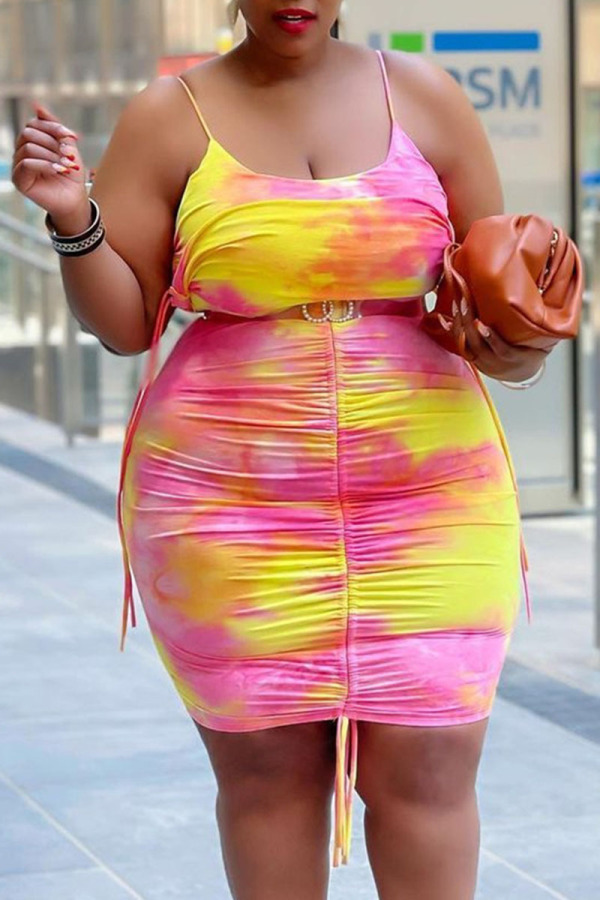 Pink Yellow Casual Print Split Joint Draw String Fold Spaghetti Strap Pencil Skirt Plus Size Dresses