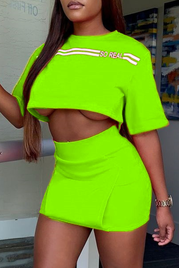 Fluorescent Green Sexy Character Patchwork O Neck Short Sleeve Two Pieces