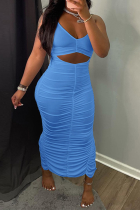 Light Blue Sexy Solid Hollowed Out V Neck Pencil Skirt Dresses