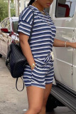 Blue Casual Striped Print Split Joint O Neck Short Sleeve Two Pieces