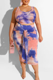 Pink Sexy Print Bandage Two Piece Suits O Neck Plus Size Two Pieces