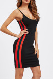 Black Sexy Casual Striped Split Joint Spaghetti Strap Sleeveless Dress