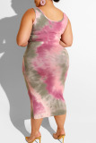Pink Sexy Print Bandage Two Piece Suits O Neck Plus Size Two Pieces