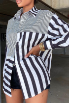 Black Casual Striped Split Joint Turndown Collar Shirt Dress Dresses